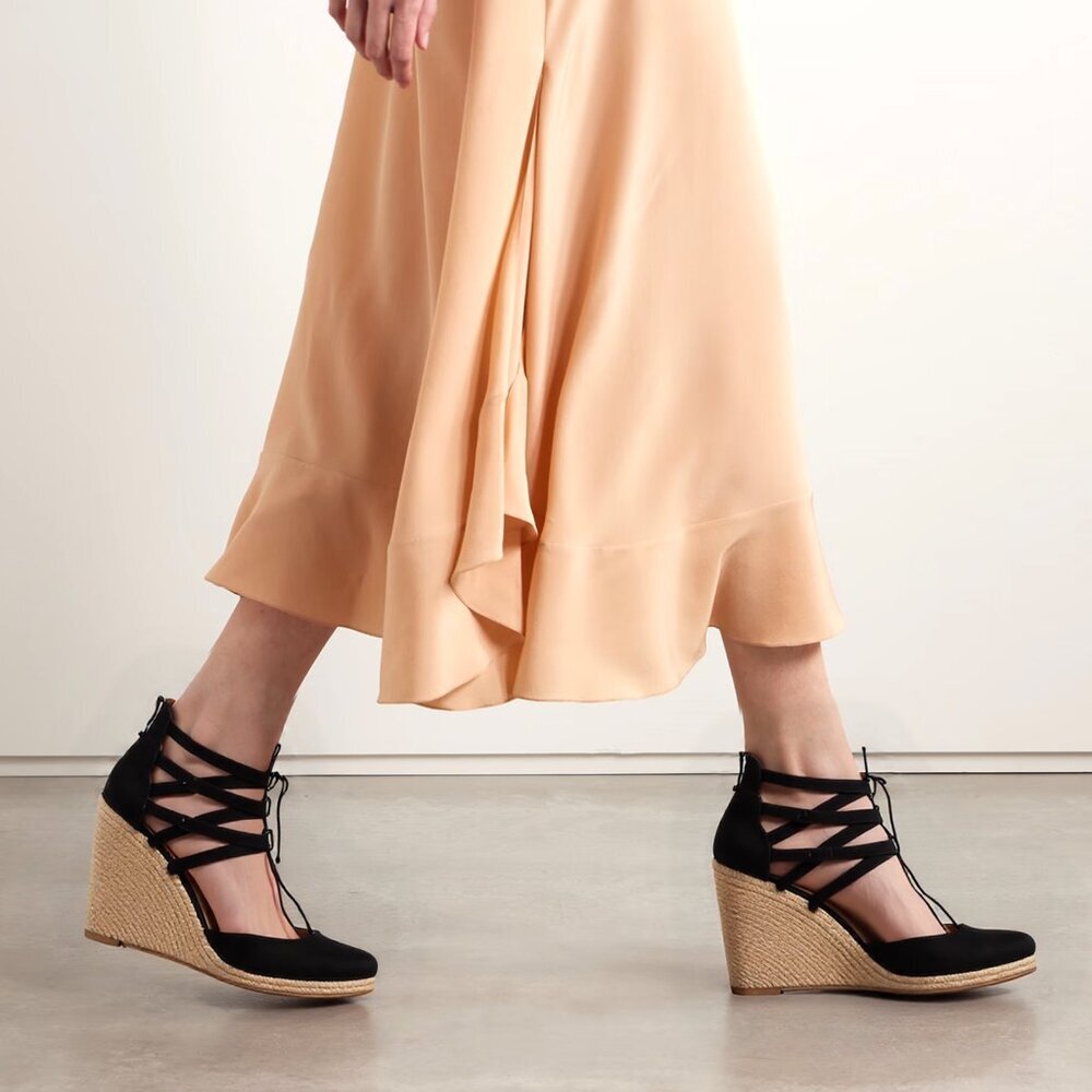 Aquazzura Firenze Belgravia Suede Espadrilles Wedge Pumps Lace Up Black - Picture 4 of 15